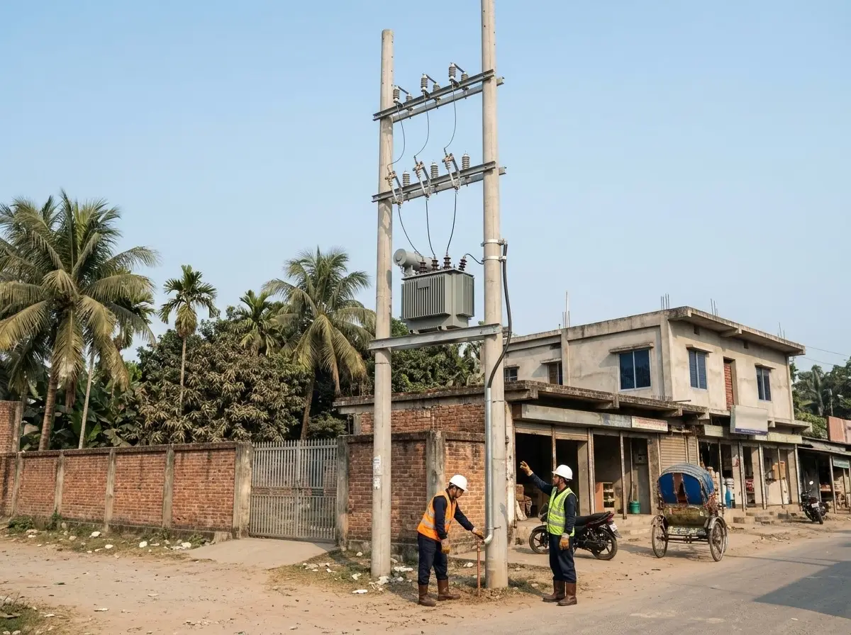 রাস্তার পাশে পোলে বসানো ডিস্ট্রিবিউশন ট্রান্সফরমার, নিরাপত্তা সরঞ্জাম পরা লাইনম্যান